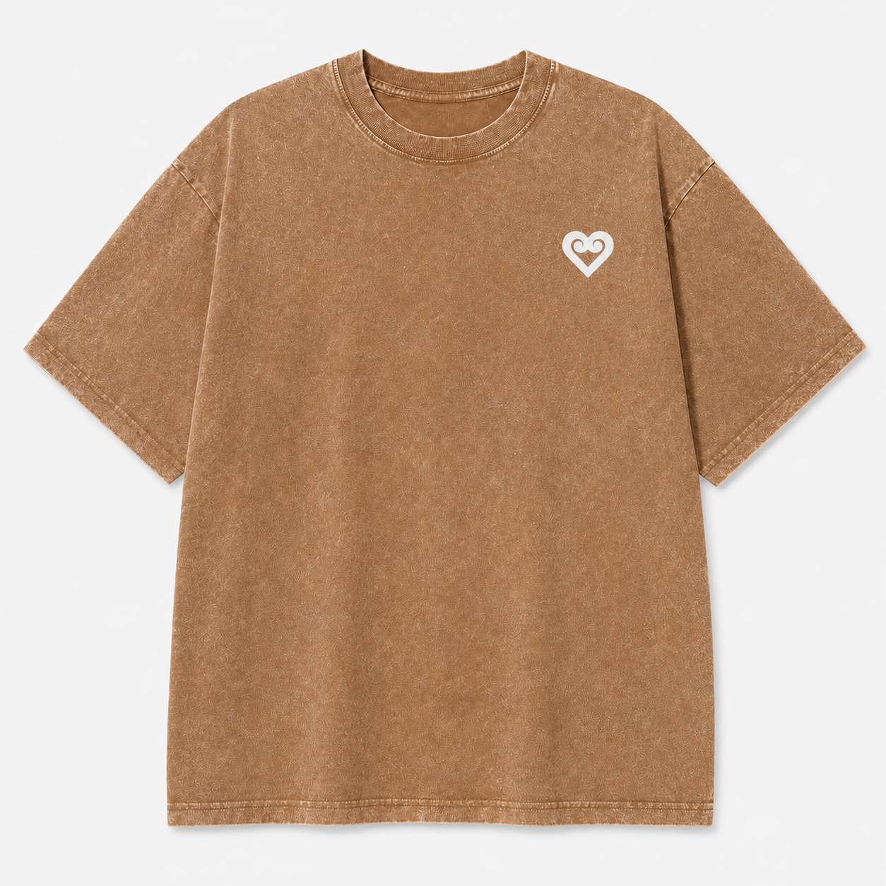 A brown acid-wash short-sleeve t-shirt with a small white heart logo on the left chest, displayed flat against a light gray background.