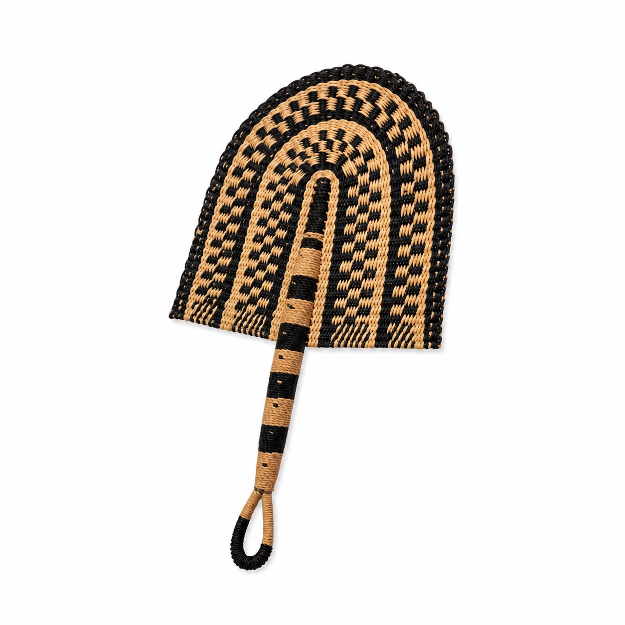 A small woven hand fan with a black and tan basketweave pattern, featuring a loop handle.