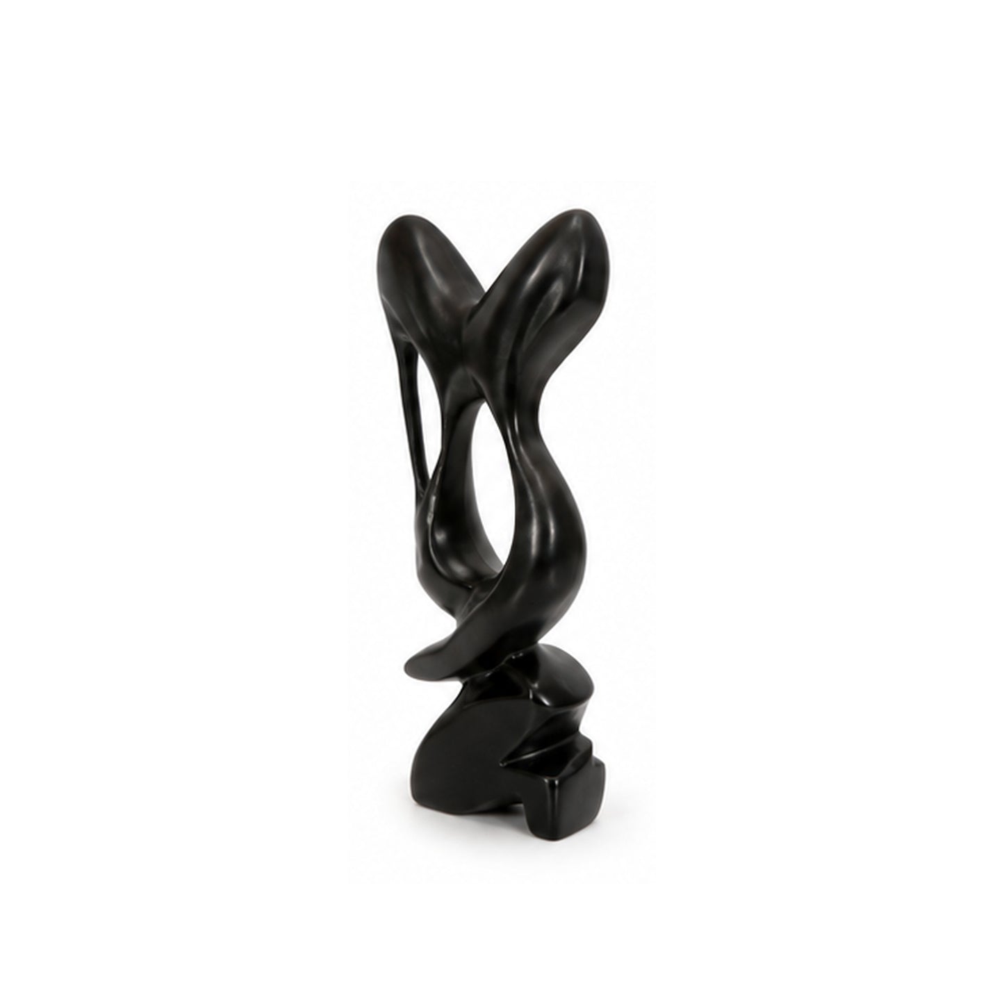 A modern abstract black sculpture of intertwined high-heeled shoe silhouettes on a white background.