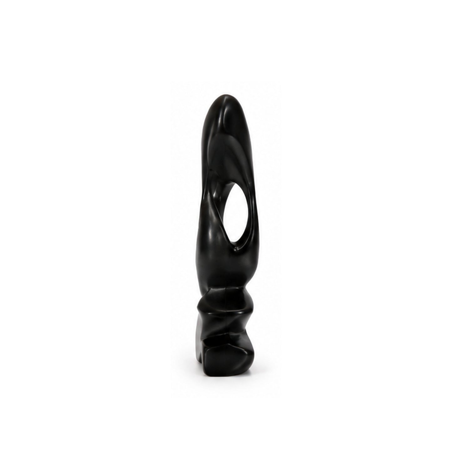 A small black sculptural object with a smooth glossy finish, featuring a curved organic shape and a central oval cutout, standing upright on a white background.