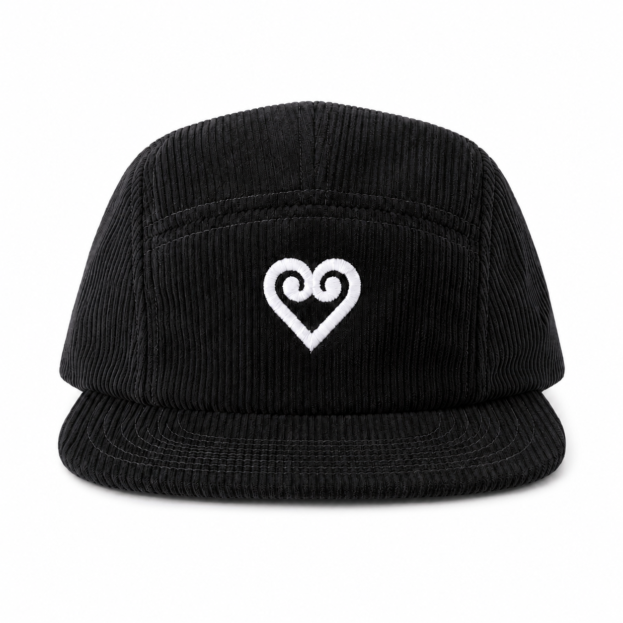 A black corduroy 5-panel cap with a white embroidered heart logo on the front, set against a plain white background.