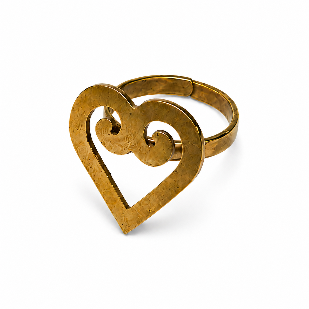 A textured brass gold-colored heart-shaped ring with a scroll detail on the inside, shown on a clean white background.