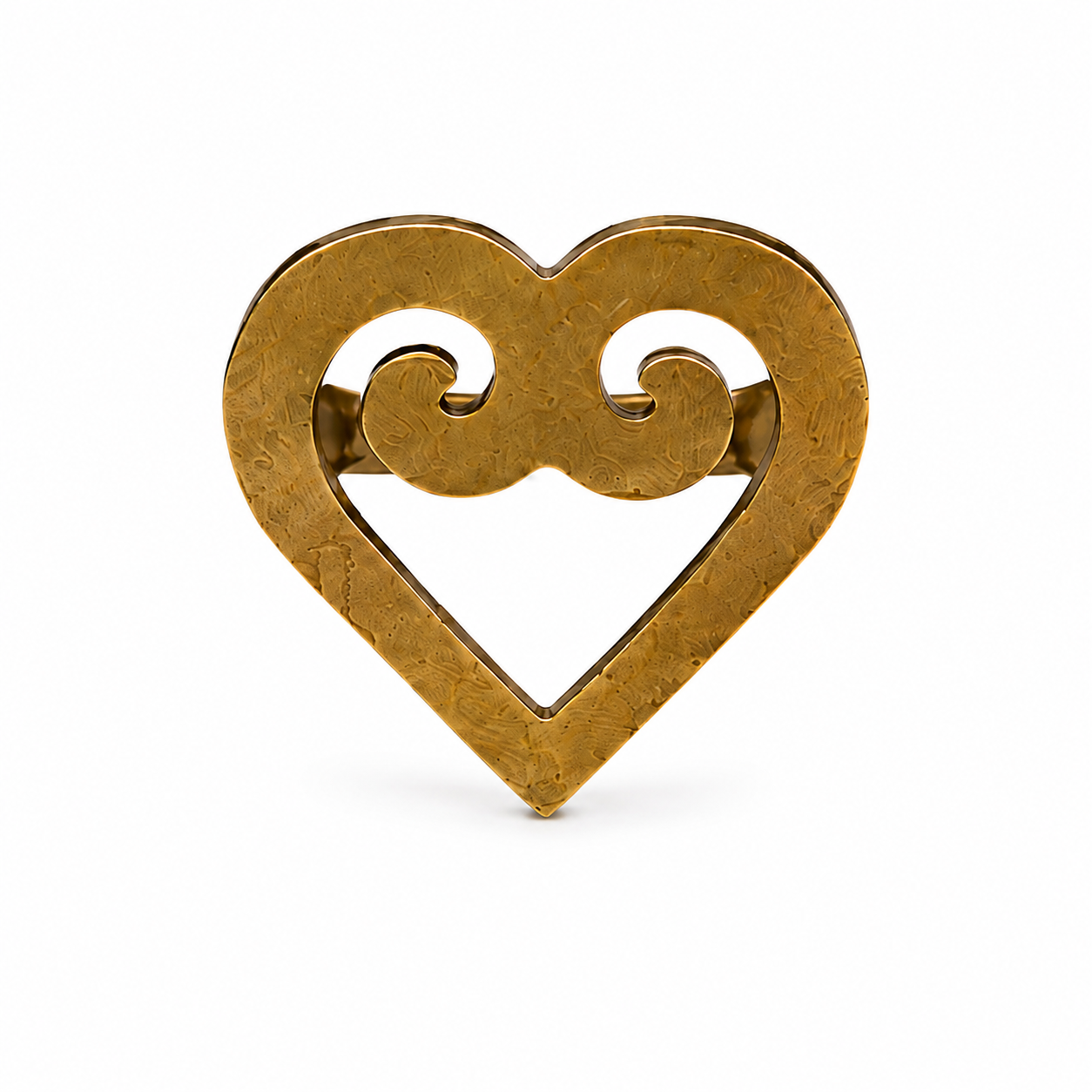 A textured gold heart-shaped brass ring with a central infinity symbol cutout, displayed on a clean white background.