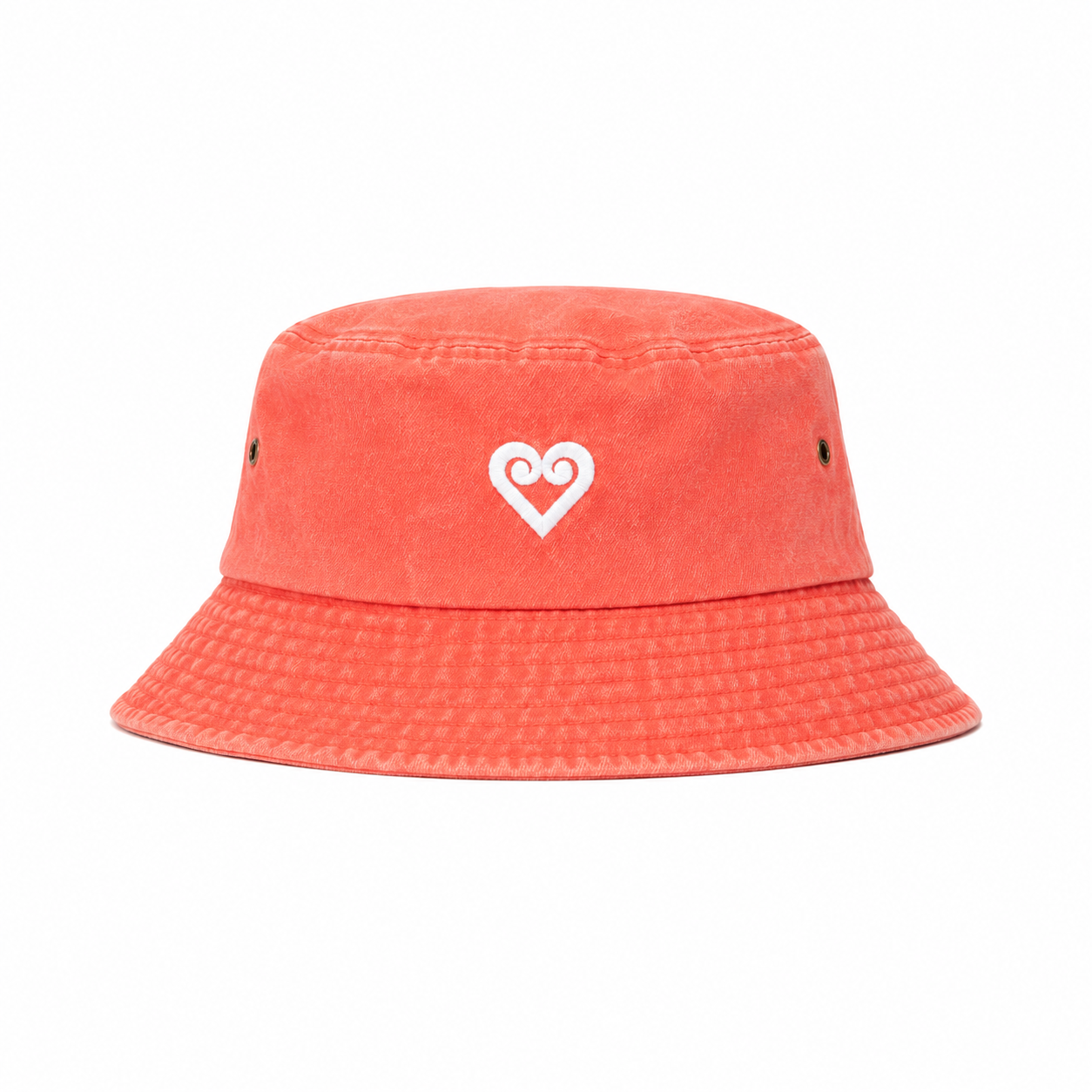 A coral orange bucket hat made of textured canvas, featuring a white embroidered heart logo on the front and small ventilation eyelets on the sides, set against a plain white background.