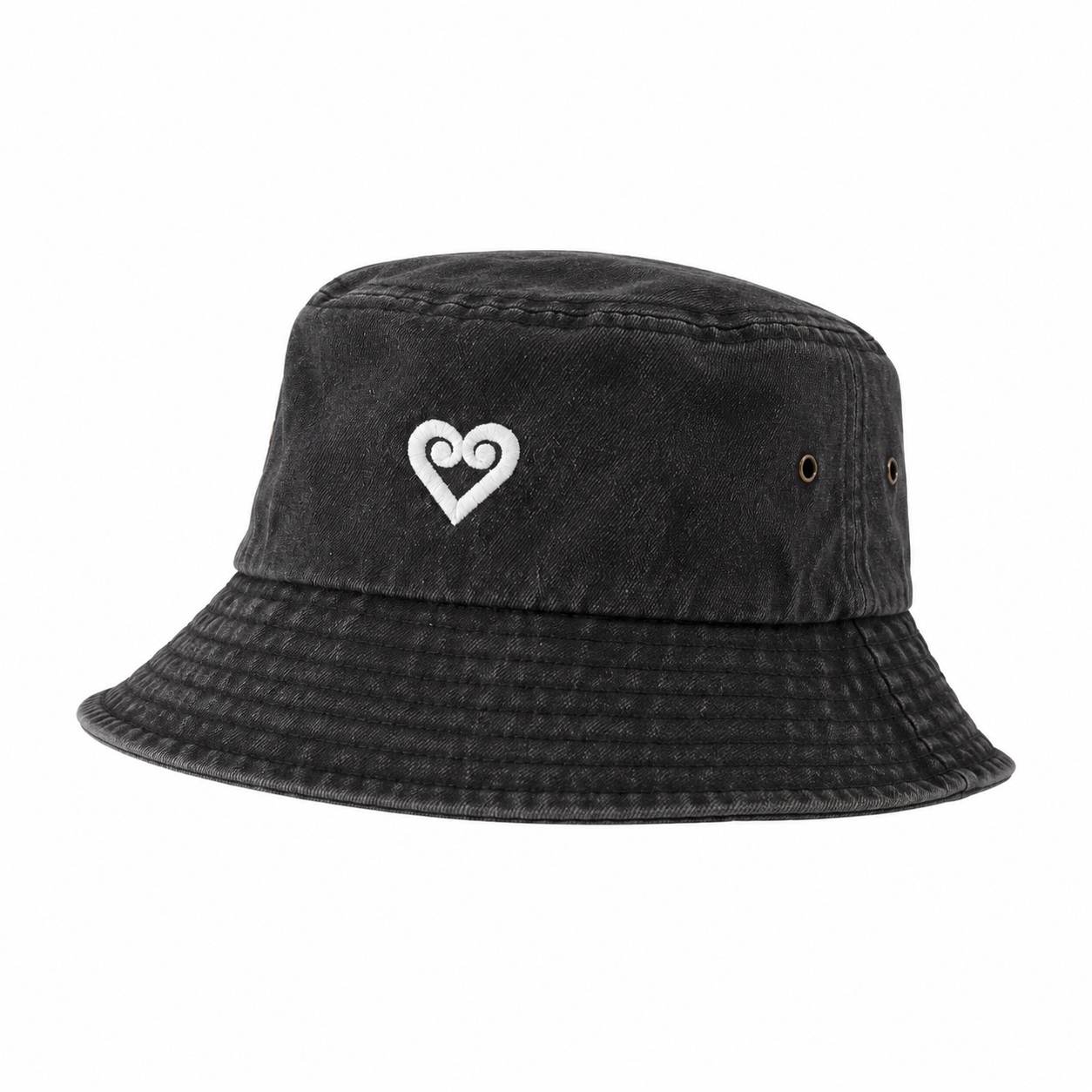 A washed black bucket hat featuring a white embroidered double-heart logo on the front, set against a plain white background.