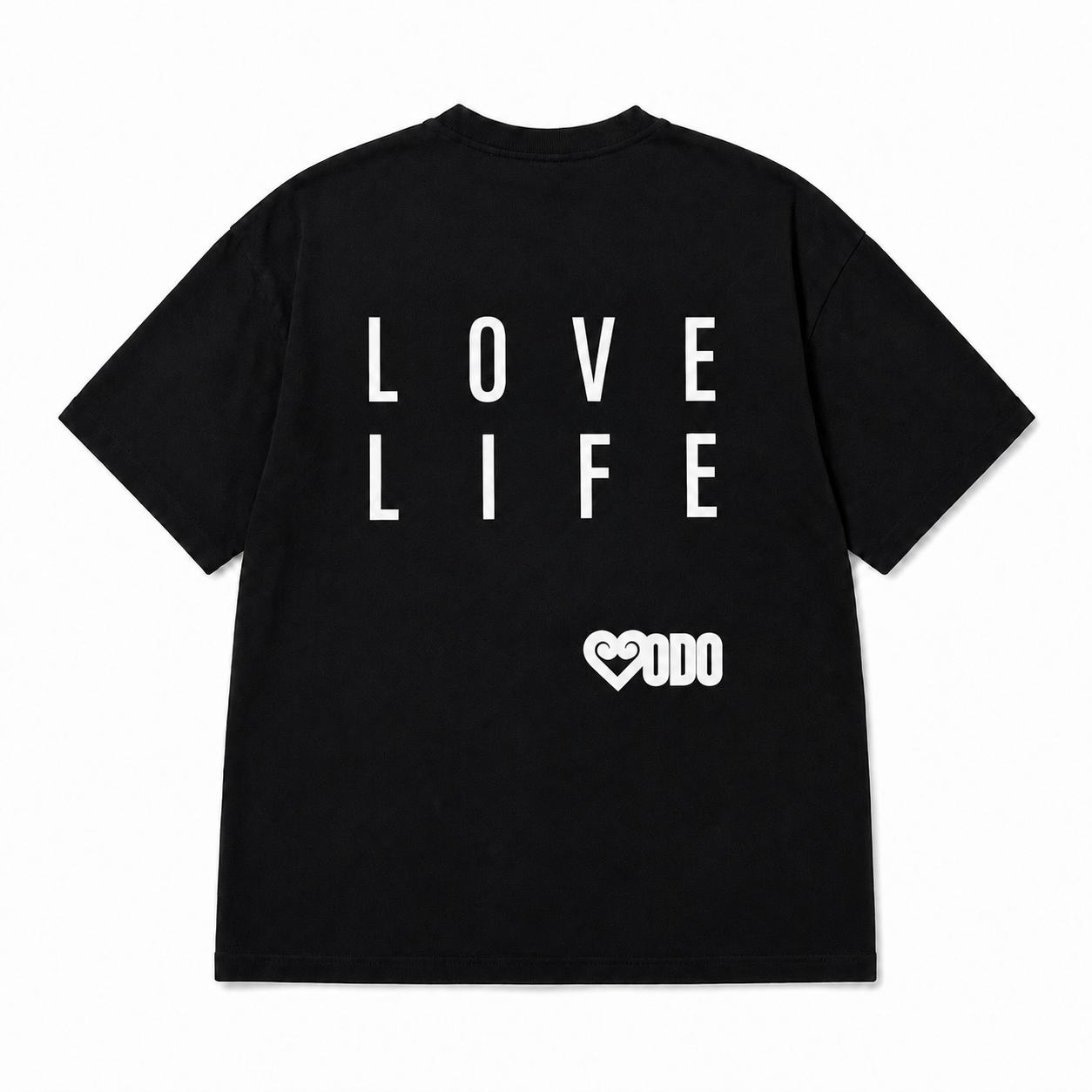 A black short-sleeve t-shirt shown from the back, featuring the words 'LOVE LIFE' printed in large white block letters and a small white heart logo with 'ODO' underneath.