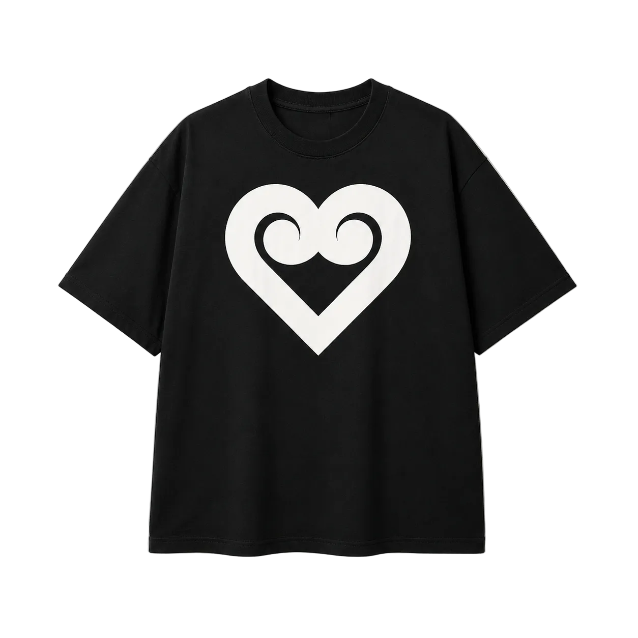 A black short-sleeve crewneck t-shirt featuring a large white heart outline graphic on the chest with a stylized swirl design inside, displayed against a light beige background.