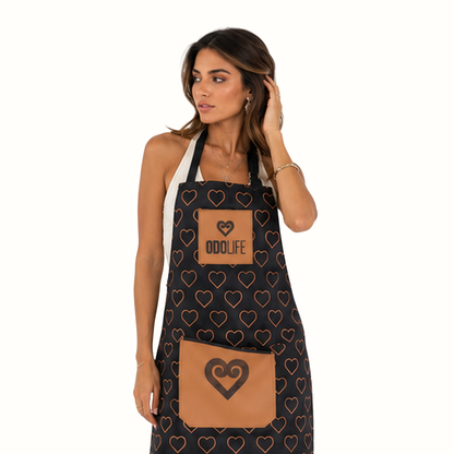 A woman modeling a black apron with a repeating pattern of outlined brown hearts and two tan pockets. The top pocket has a tan square patch with the brand name 'ODOLIFE' and a heart logo, and the larger bottom pocket has a large black heart design.