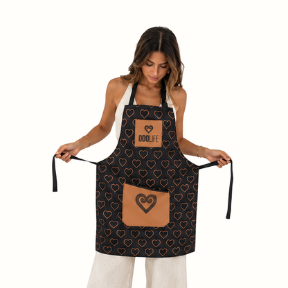 A woman modeling a black apron with a repeating heart pattern and two tan patches, one on the chest and one on the front pocket. The chest patch is printed with the brand name 'ODOLIFE'.