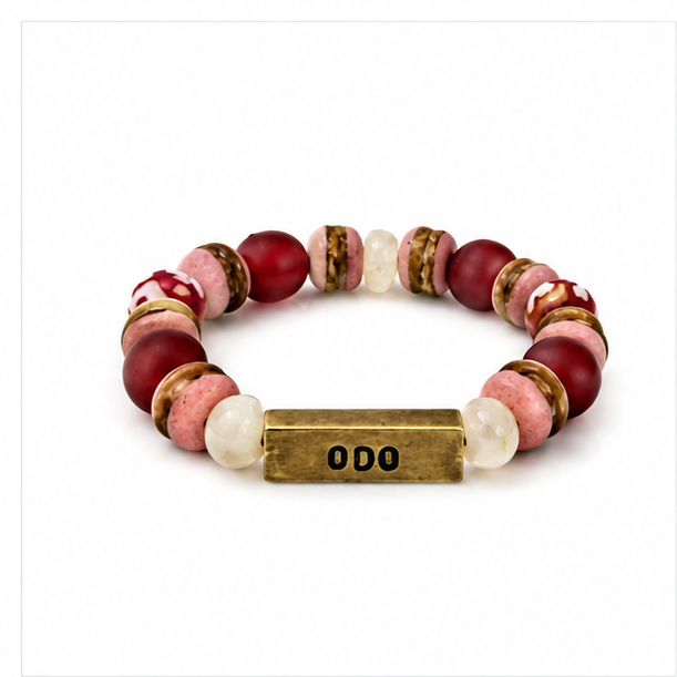 A beaded stretch bracelet featuring dark red, light pink, and white marbled beads, accented with gold-toned spacer rings and a central rectangular gold-toned metal charm engraved with 'ODO'.