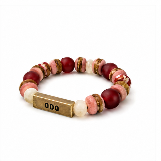 A beaded stretch bracelet featuring dark red, pink, and white marbled beads, gold-toned spacer rings, and a rectangular gold-toned metal clasp engraved with 'ODO'.