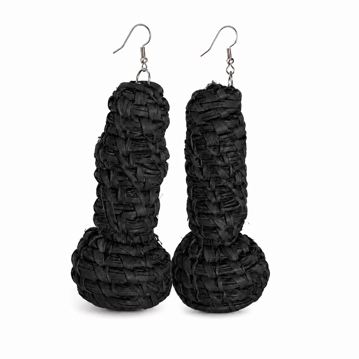 A pair of black woven dangling earrings with a textured, rope-like finish and silver fishhook wires, shown against a plain white background.
