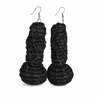 A pair of black woven dangling earrings with a textured, rope-like finish and silver fishhook wires, shown against a plain white background.