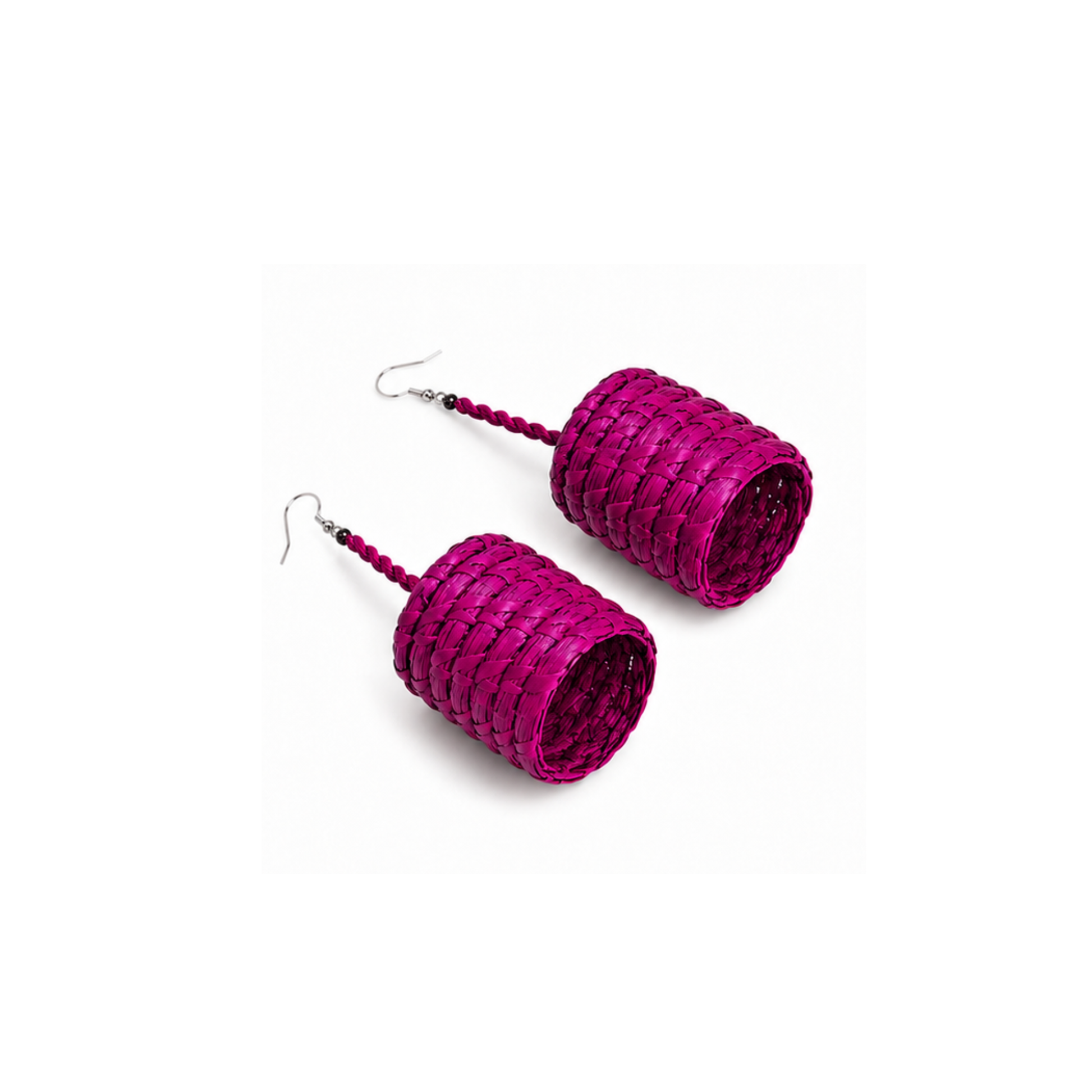 A pair of magenta pink woven cylindrical dangle earrings with silver fishhook wires, displayed on a clean white background.