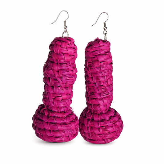 A pair of vibrant magenta woven raffia dangle gourd-shaped earrings with silver fishhook wires, displayed against a clean white background.