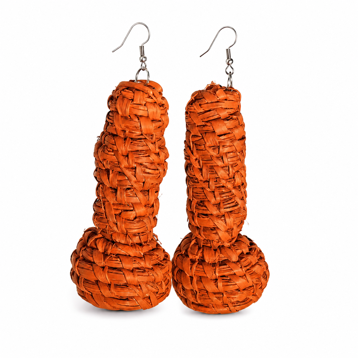 A pair of orange woven raffia dangle gourd-shaped earrings with silver fishhook wires, displayed against a clean white background.