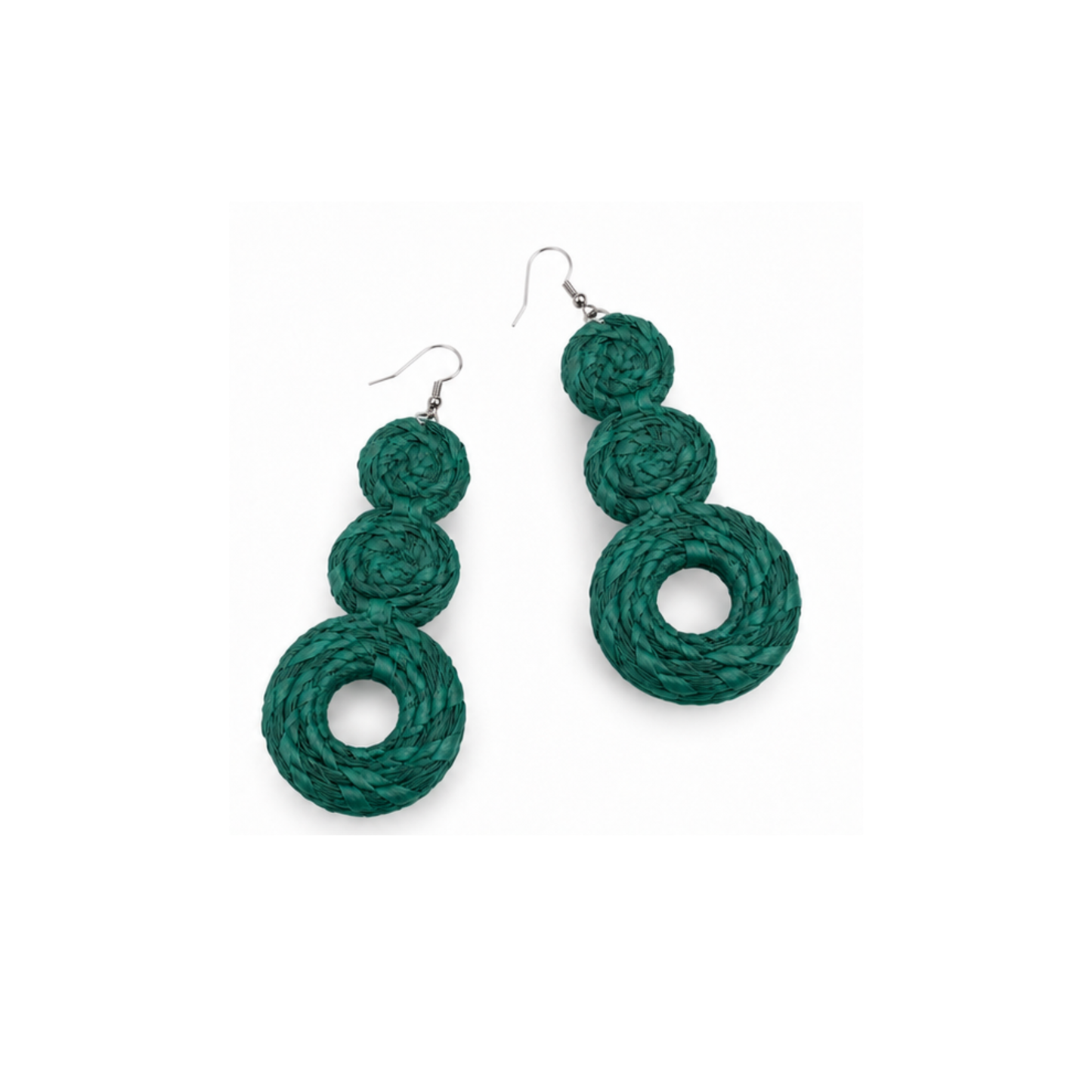 A pair of teal braided raffia dangle earrings with three stacked spiral layers and a silver fishhook backing, shown on a plain white background.