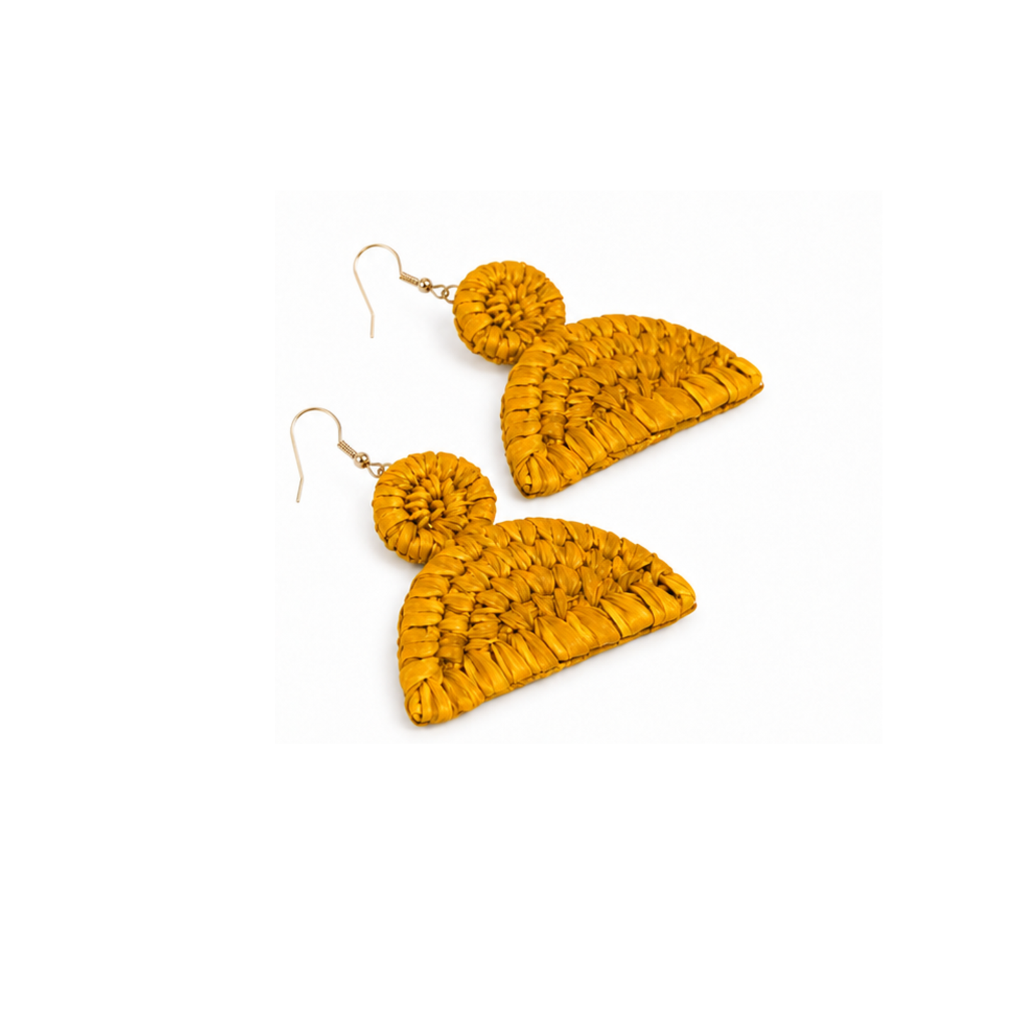 A pair of handmade yellow woven raffia dangle earrings with a small round woven accent and a larger fan-shaped drop on gold-tone fishhook wires, shown against a plain white background.
