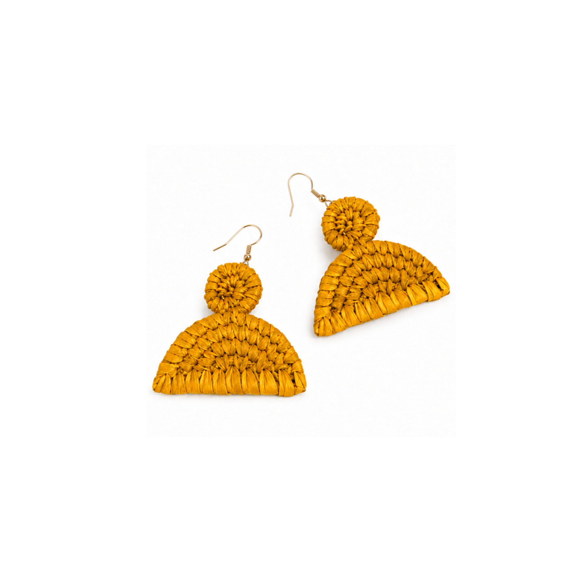 A pair of raffia yellow fan shaped earrings with silver-tone metal hooks as posts.