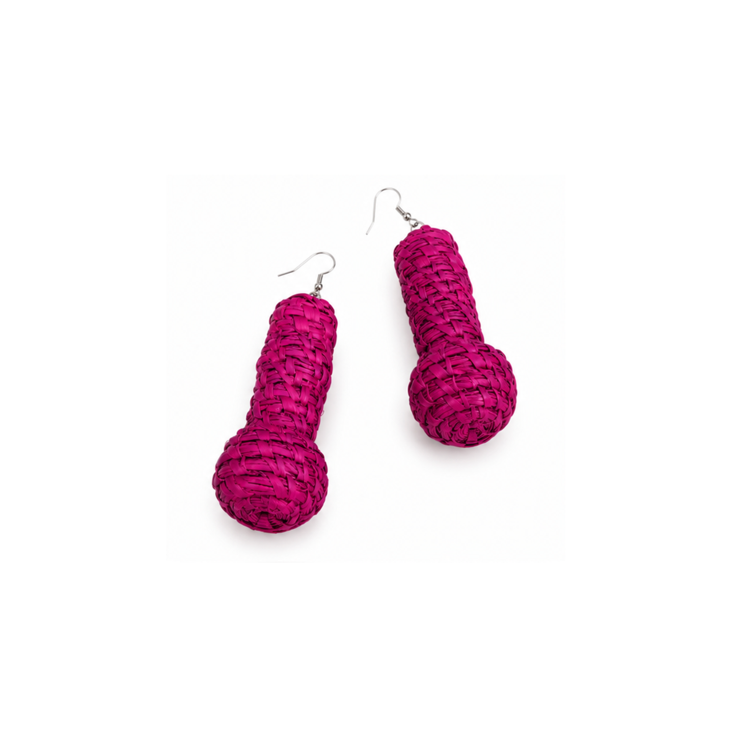 A pair of bright magenta woven rope dangle earrings with silver fishhook wires, displayed on a clean white background.