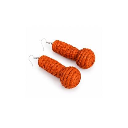 A pair of orange braided rope dangle earrings with silver-tone wire hooks, shown on a plain white background.