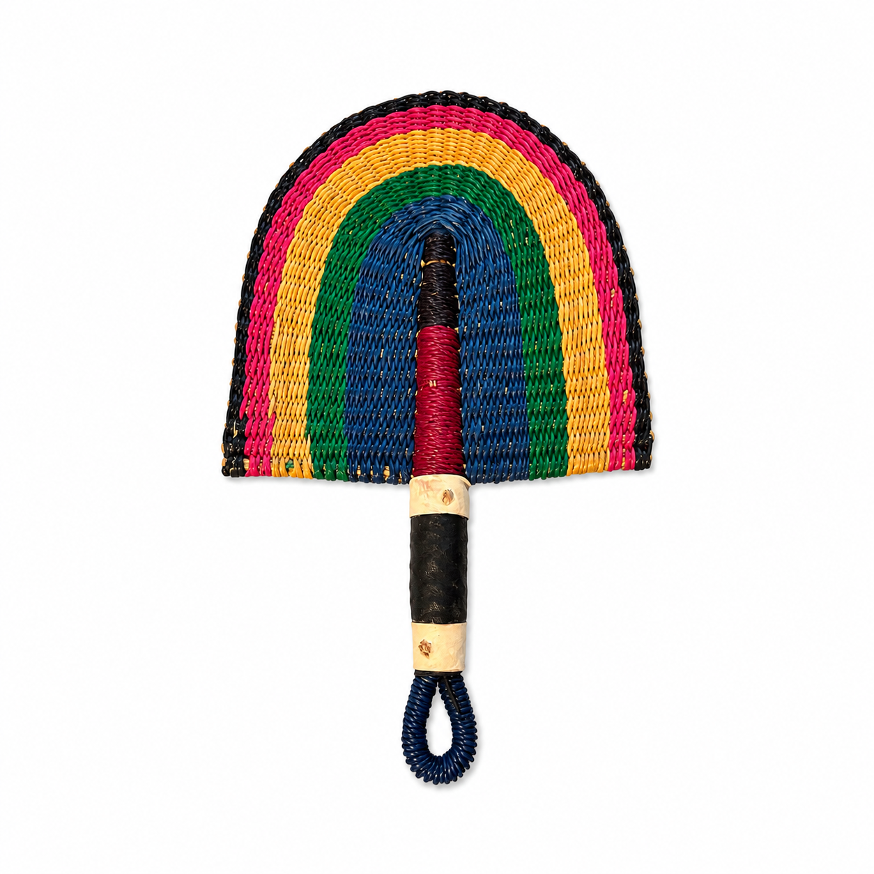 A hand-woven rainbow-shaped fan with a colorful striped arch and a wrapped handle, shown against a plain white background.