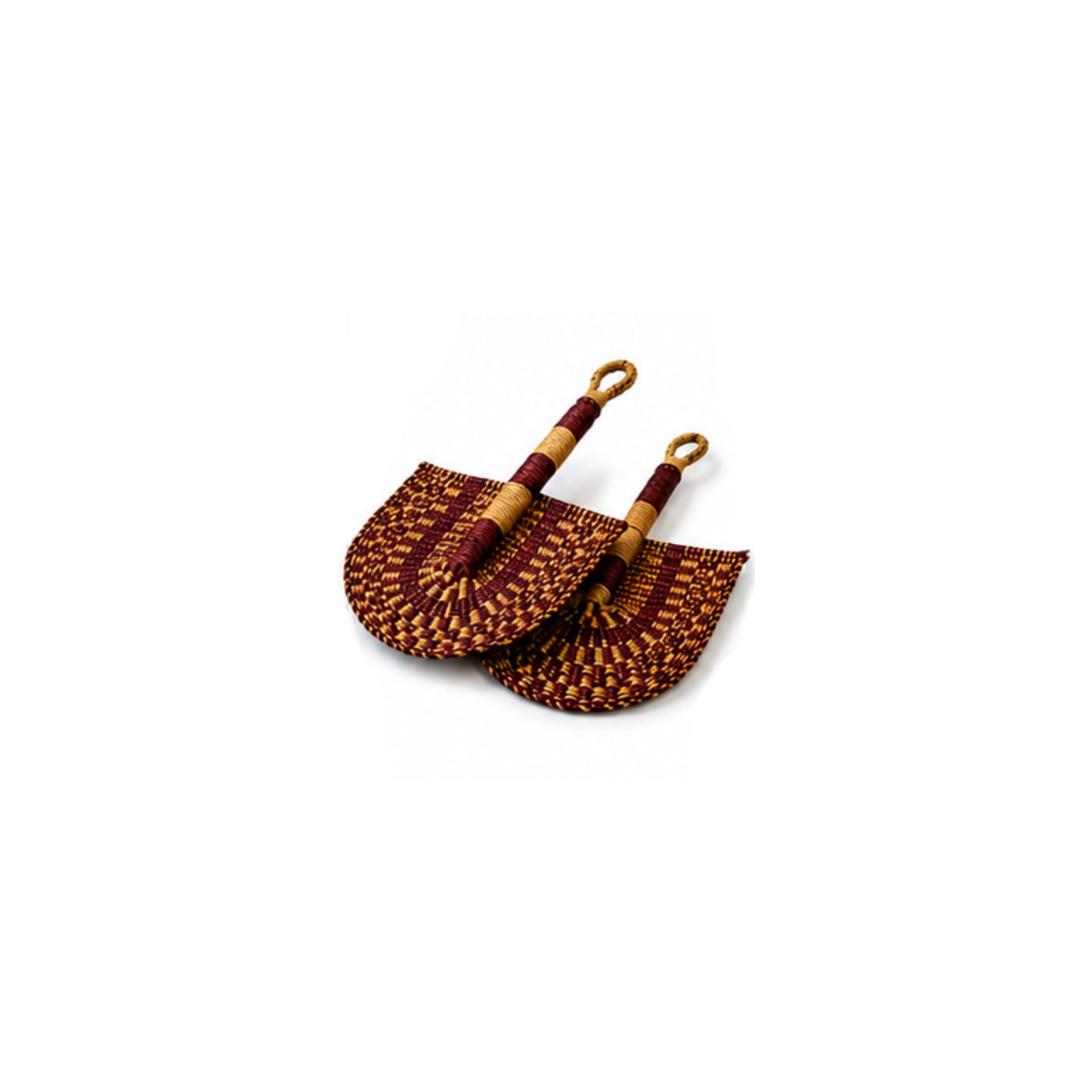 Two small woven hand fans with dark red and gold patterns and light wood handles, displayed on a clean white background.