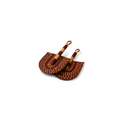 Two small woven hand fans with dark red and gold patterns and light wood handles, displayed on a clean white background.