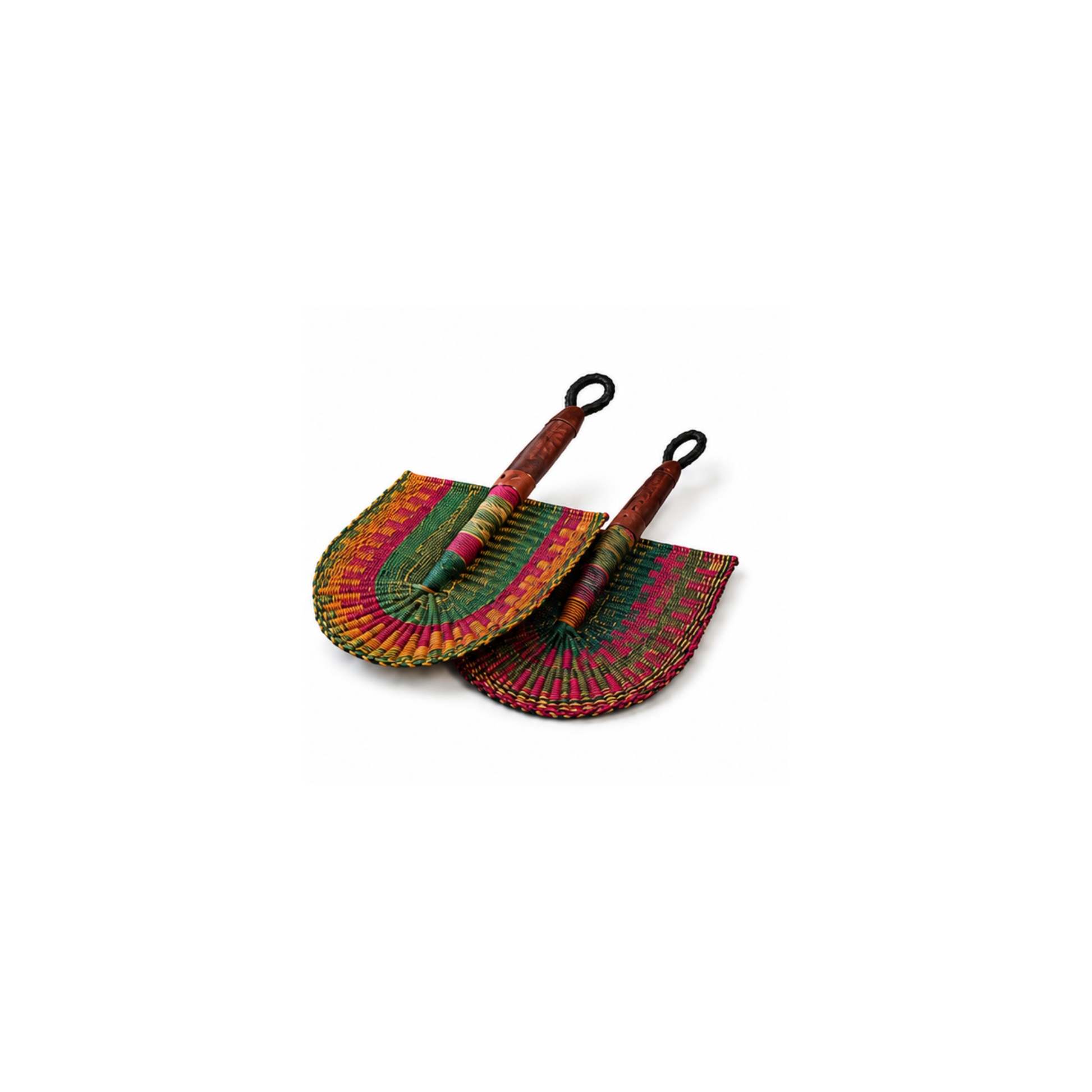Two small woven handheld fans with black loop handles, featuring a striped pattern of pink and green pattern, set against a plain white background.