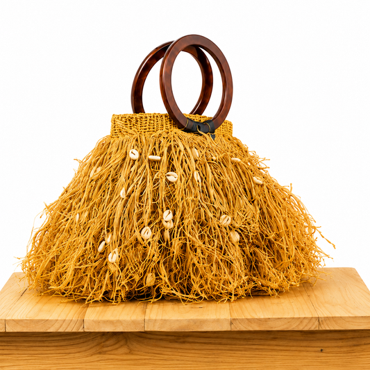 Golden Raffia Shell Bucket Handbag