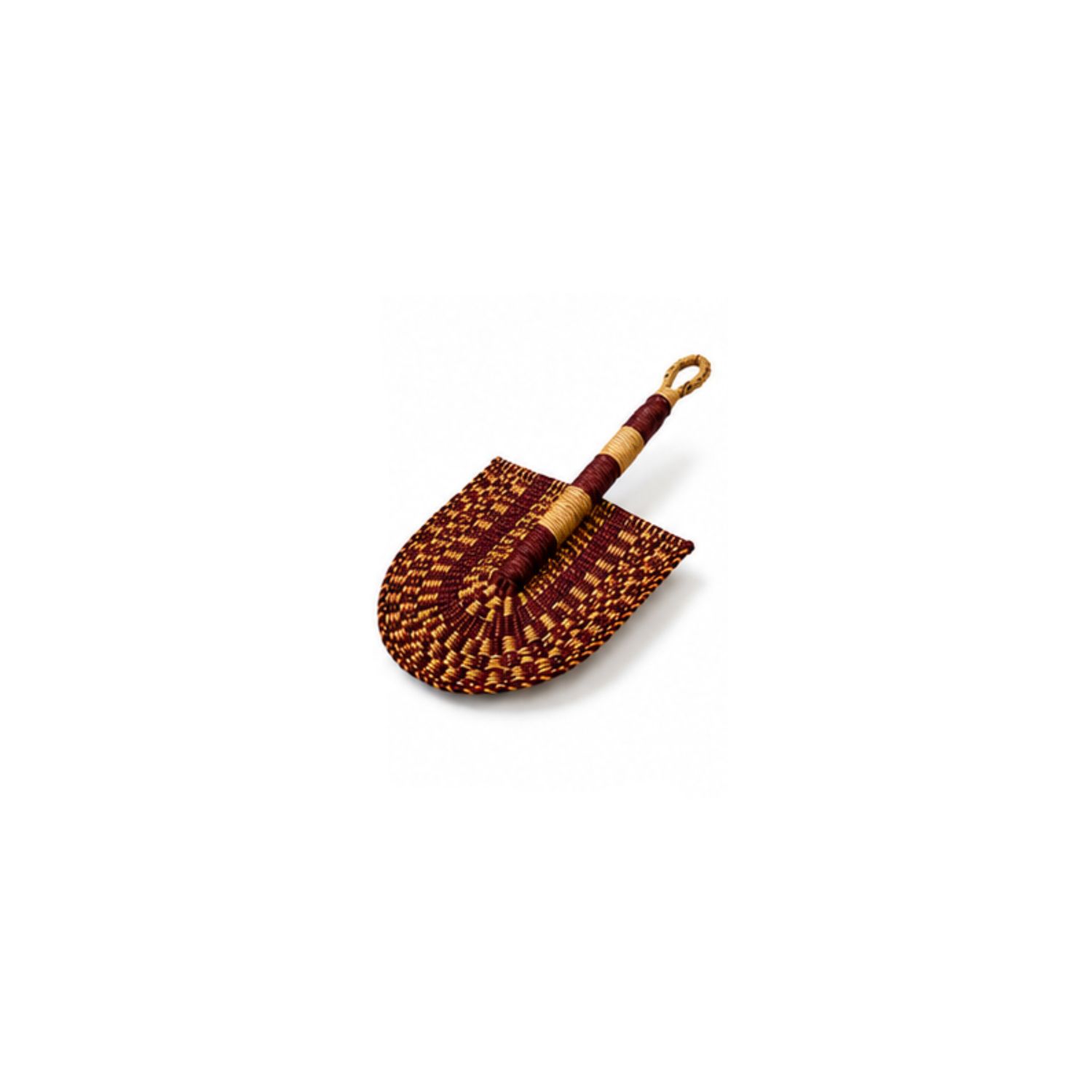 A small hand-woven fan with a brown wooden handle and a multicolored woven head featuring burgundy and natural patterns, set against a plain white background.