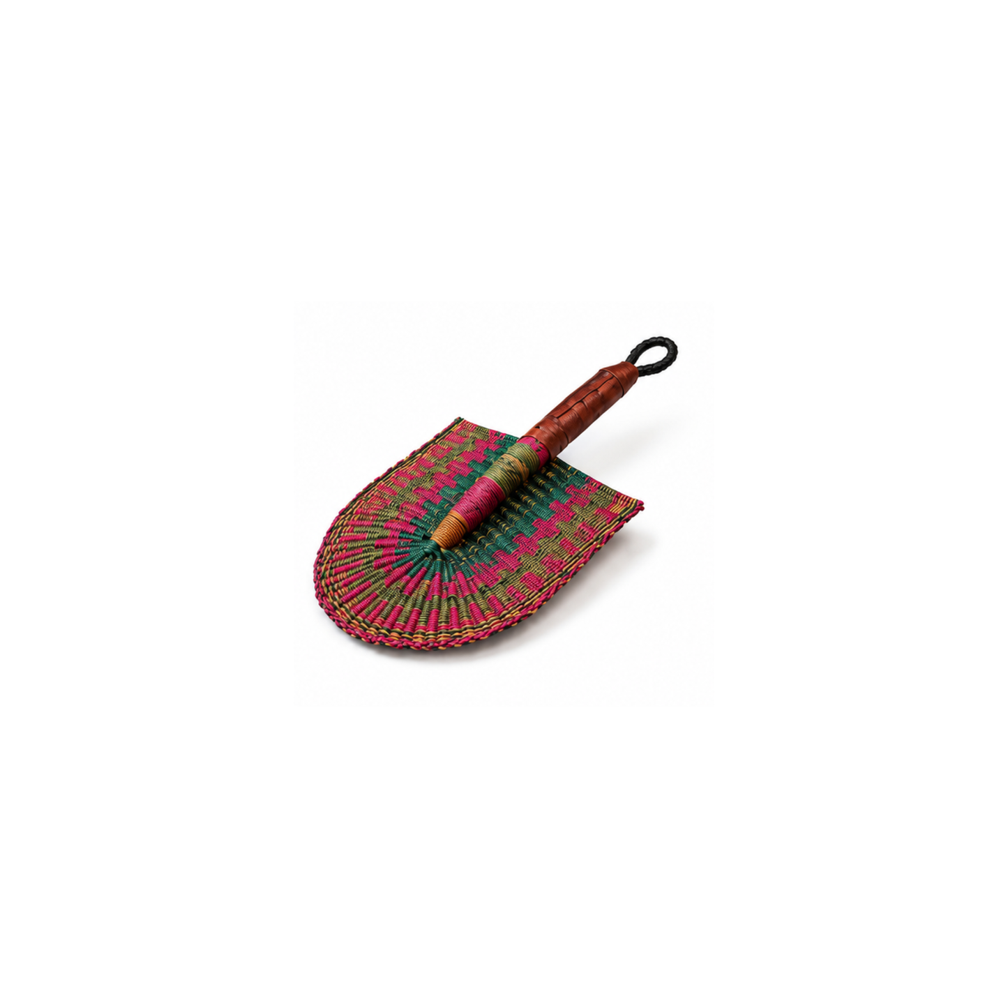 A small hand-woven fan with a brown wooden handle and a multicolored woven head featuring pink and green patterns, set against a plain white background.