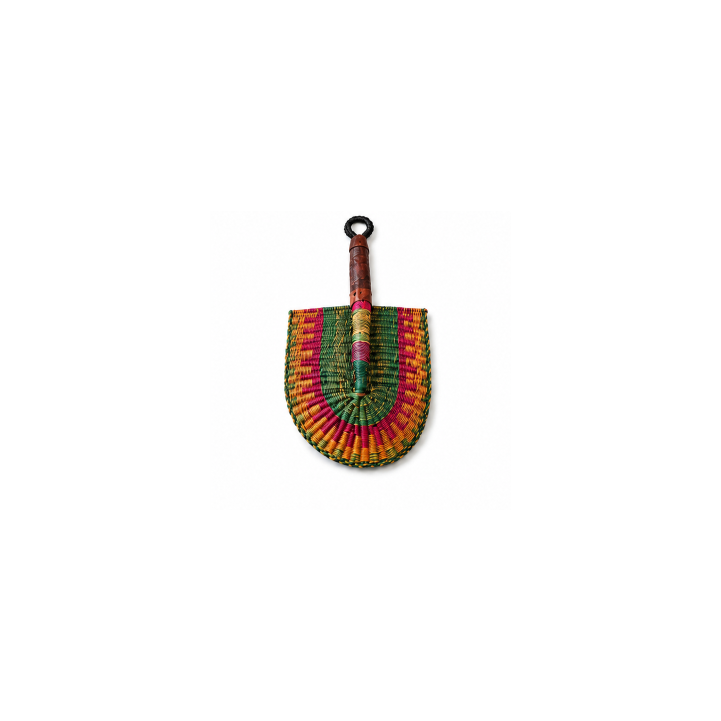 A small hand-woven fan with a brown wooden handle and a multicolored woven head featuring pink and green patterns, set against a plain white background.