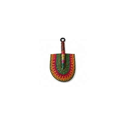 A small hand-woven fan with a brown wooden handle and a multicolored woven head featuring pink and green patterns, set against a plain white background.