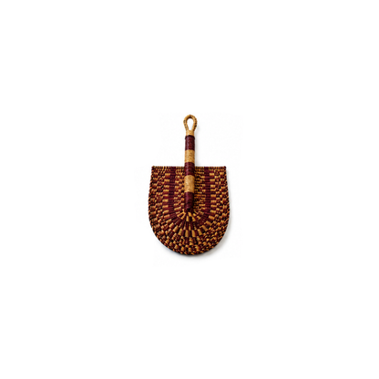 Small woven hand fans with dark red and gold patterns and light wood handles, displayed on a clean white background.